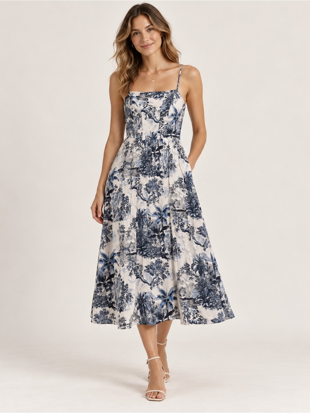 H&M Blue Toile Botanical Midi Dress โ Size M